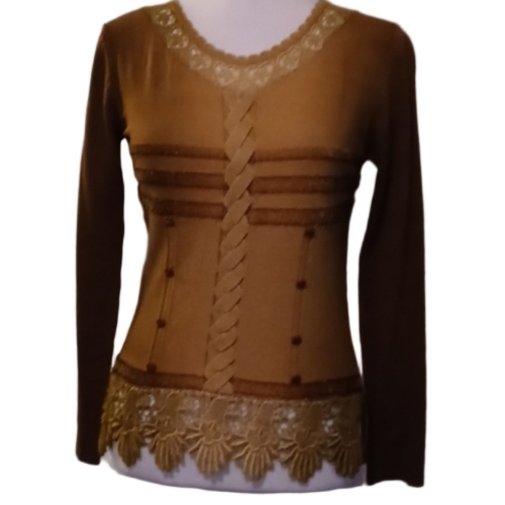 -- Brown Knit Cardigan with Lace Details